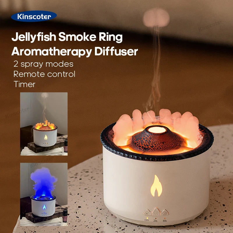 KINSCOTER Neu Volcano Flame Aroma Diffuser Jellyfish Smoke Ring Air Humidifier 360ml Aromatherapy Essential Oil Diffuser Cool Gift
