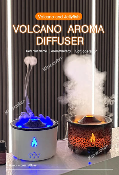 KINSCOTER Neu Volcano Flame Aroma Diffuser Jellyfish Smoke Ring Air Humidifier 360ml Aromatherapy Essential Oil Diffuser Cool Gift
